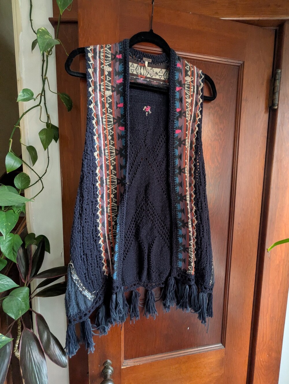 Free People Navy Crochet Fringe Vest with Aztec Trim